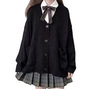 Preppy Aesthetic Clothes Cute Japanese School Sweater Kawaii Solid V-Neck Loose Knitted Cardigan JK Uniform Cosplay, Black, M