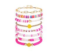 Preppy Bracelets Set Colorful Heart Star Polymer Beaded Pearl Clay Stackable Charm Kidcore Aesthetic Summer Beach Layering Bracelets Jewelry Sparkly Heart Earrings (Pink, One Size)