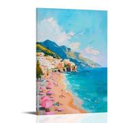 Preppy Coastal Room Wall Art Italian Amalfi Coast Beach Retro Pink Girly Vintage Pastel Aesthetic Canvas Hanging Paintings Poster Landscape Decor 08x12inch(20x30cm)