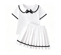 Preppy Doll Collar Summer Two Piece Set for Girls Featuring T Shirt and Pleated Short Skirt Clothes 11-12 Years for 9-10 Kids