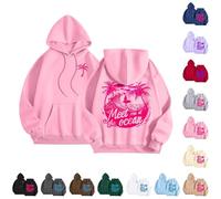 Preppy Hoodies Women Cute Hooded Top Meet Me at the Ocean Y14k Graphic Oversized Sweatshirt Long Sleeve Pullover Sweater Preppy Clothe with Kangaroo Pockets Pink