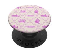 Preppy Hot Pink Crab, Fish, Shell, Seaweed Coastal Pattern PopSockets Adhesive PopGrip
