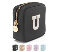 Preppy Makeup Bag Travel Cosmetic Bag, Personalized Initial Cute Makeup Organizer, Zipper Pouch Purse Storage Bag Cosmetics Organizer, Girls Make Up Bag Mini Small Large Makeup Bags, Black, Mini, U