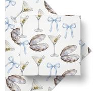 Preppy Oyster & Martini Wedding Wrapping Paper, Thick 120GSM Folded Kraft Wrapping Paper Sheets, Coastal Cocktail Gift Wrap for Bridal Shower & Bachelorette, "Something Blue" Romance