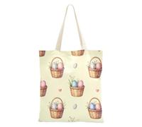 Preppy Pastel Yellow Spring Floral Baskets & Easter Eggs Reusable Tote Bag | Reusable Grocery Tote Bag Magnetic Snap for Daily Errands