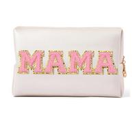 Preppy Patch Extra Large Varsity Chenille Letter Makeup Bag PU Leather Waterproof Portable Cosmetic Toiletry Organizer Gift for Vacations, Weekend getaways, or Business Trips(Mama(Pink))