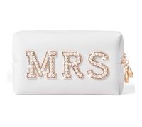 Preppy Patch Extra Large Varsity Chenille Letter Makeup Bag PU Leather Waterproof Portable Cosmetic Toiletry Organizer Gift for Vacations, Weekend getaways, or Business Trips(MRS)