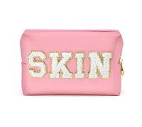 Preppy Patch Skin White Letter Pink Cosmetic Toiletry Bag PU Leather Portable Makeup Bag Daily Use Storage Pouch Toiletry Purse Waterproof Organizer for Travel Varsity Women Girls Teens(Pink)