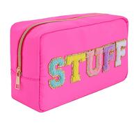 Preppy Patches Makeup Bag Pencil Case Nylon Makeup Pouch Chenille Letter Cosmetic Bag Stuff Waterproof Toiletry Bag for Women Skin Care e Bag 9.84" x 5.51" x 3.15" (Hot Pink), Da- hot Pink Large