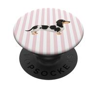 Preppy Piebald Dachshund on Pink and White Stripes Dog Mom PopSockets Adhesive PopGrip