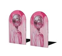 Preppy Pink Disco Ball Headless Aesthetic Bookends For Shelves 2 Pcs Wooden Book Stopper Organizer For Home Office Libraries