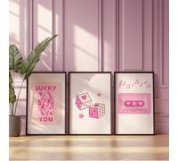 Preppy Pink Poster Set of 3 Lucky You Print Y2K Wall Art Girls Room Decor Trendy Modern Aesthetic Pink Womens Home Decoration Funky Queens Of Heart Framed Wall Art (A3 - Set of 3 PRINT)
