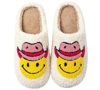 Preppy Slippers for Women Men Cute Funny Fuzzy Fluffy House Slippers Non-Slip Home Bedroom Slip-On Indoor Slippers Lightning Bolt Smile Happy Face Slippers Couple Music Fans Slippers