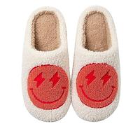 Preppy Slippers for Women Men Cute Funny Fuzzy Fluffy House Slippers Non-Slip Home Bedroom Slip-On Indoor Slippers Lightning Bolt Smile Happy Face Slippers Couple Music Fans Slippers