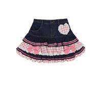 Preppy Style Lolita Kawaii Skirts Sweet Ball Gown Mini Women Denim Skirt Y2K High Waist Double Layer Ruffle Cake Skirts-1-XL