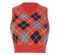 Preppy Style Women's Argyle Geo Print Sweater Vest Women's Knitted Tank Top V Neck Sleeveless Jumper Striped Knitwear Soft Knitwear Pullover Waistcoat for Autumn Winter Spring Red