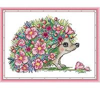 Preprinted Cross Stitch Kits for Adult Beginner, Flower Hedgehog, 11CT Full Range Pictures Stamped Cross Stitch Arts and Crafts Home Wall Decor Gift for Birthday 16x20inch