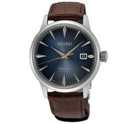 Seiko SRPK15J1 Men's Midnight Blue Moon Presage Cocktail Time Leather Strap Watch, Blue Grey/Brown