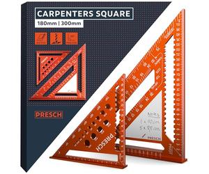 Presch Carpenters Square Set | 180mm & 300mm | Innovative wipeable note surface | Smart drilling guide for exact diameters | High-precision milled aluminum for permanently accurate 90° angles