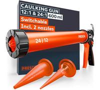 Presch Sausage Caulking Gun 600ml incl. 2 Nozzles - Sausage Gun switchable 24:1 & 12:1 Thrust Ratios for All Sealants & Adhesives (Acrylic, Silicone & PU) - 360° Rotating Barrel with Anti-Slip Grip