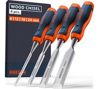 Presch Wood Chisel Set 4 pcs. (6, 12, 18 & 24mm) - Fully Polished for immediate use - for Professionals with a 25° Angle and Robust Metal Striking Cap