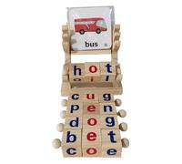 Preschool Educational Toys Flash Cards Learning Games For Children Age 4 5 6 7 - Spelling Wooden Toys Include 1 Pcs Assembled Wooden Stand, 5 Set Wooden Letter Blocks, 40 Sheet Graphic Word Cards