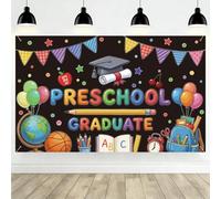 Preschool Graduation Backdrop Banner with Cap & Confetti | Black Modern Style Photo Background Cloth | Graduation Decor for Students Teachers School Events