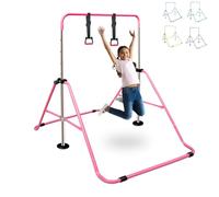 PRESENCIEL Gymnastics Bars, Folding Horizontal Bar with Rings for Kid, Junior Training Kip Bar, Adjustable Height, Gymnastics Training Equipment for Home Gym Indoor Garden Outdoor (Pink)