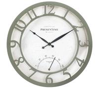PRESENTIME & Co 13" Farmhouse Outdoor Wall Clock w/Outdoor Thermometer, Modern Style, Raised 3D Arabic Numerals, Olive/Sage Green Finish (Wall Clock for Patio, Cottage, Poolside, Garden Spaces)