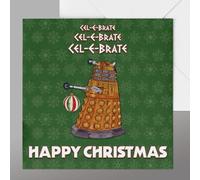 Presenting Perfection Dr Who Dalek Christmas Card, Green with Snowflakes, Standard Card Size, Single Card, British Sci-Fi Theme