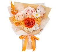 Preserved Flowers Bouquet with Bear, 3 Real Forever Flowers for Delivery, Long-Lasting Orange Eteranl Roses Bouquet, Valentine's Day Birthday Gifts for Women, Mother, Wife, Her