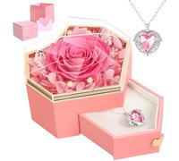 Preserved Pink Real Rose with Necklace Forever Flowers Diamond shaped Box for Mom Wife Girlfriend Grandma on Mothers Day Birthday Valentines Christmas Anniversary Beatiful Gifts for women