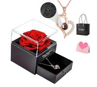 Preserved Real Rose, Box with I Love You Necklace In 100 Languages, Real Rose Flower Gifts for Her Woman Girlfriend Mother on Birthday, Anniversary, Valentines Day, Mothers Day