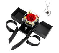 Preserved Real Rose with 'I Love You' Necklace, Box Handmade Eternal Red Rose Flower Gifts for her Woman Wife Girlfriend on Birthday Anniversary Valentine's Day