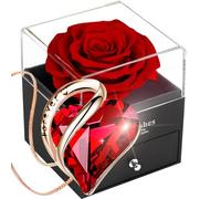 Preserved Real Roses Box with Austrian Crystal Necklace, Eternal Red Rose with 925 Sterling Silver Heart Pendant, Ruby Birthstone Jewelry, Enchanted Flowers Gift for Her on Mother's Day and