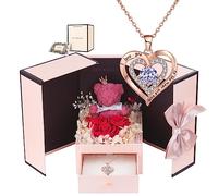 Preserved Rose Moss Bear Gifts Set with 100 I Love You Necklace for Mom Wife Girlfriend Mothers Day Christmas Valentines Day Anniversary Romantic Gifts for Her, Cubic Zirconia Sterling Silver