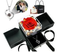 Preserved Roses Flowers in a Box with Picture Necklace Personalized Photo - Romantic Gifts for Her Women Mom Wife Girlfriend on Anniversary Birthday Valentines Mothers Day
