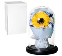 Preserved Sunflower and Blue Roses in Glass Dome - Handmade Floral Gift for Home Decor - Eternal Flower Arrangement with Gift Box - For Birthdays Anniversaries or Weddings JR5222 (Blue)