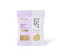 PRESS Healthfoods - New Legume Thins (12 x 20g) | Seasoned Roasted Onion Flavoured Vegetable Crisps | Baked Crisps Made with Fava Beans, Chickpeas & Peas | Vegan, Gluten-Free, High Protein Snack