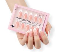 Press On Almond Short False Nails - White Nude French Pattern - Oval Medium Glossy Removable Stick On - Natural Acrylic Full Cover French Tip for Women Art