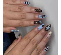 Press on Artificial Nails with Geometric Dot Star Pattern in Blue Brown Colors for Simple Application and Modern Look Modern Geometric Unguis Art