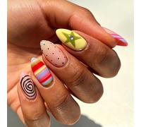Press on Artificial Nails with Geometric Dot Star Pattern in Candy Colors for Simple Application and Modern Look Brown Star Nails