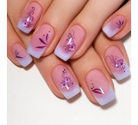 Press-On False Nails, 24-Piece Medium Square Tips, Purple Floral Design | Gradient bases, pale lavender tips, glossy finish, leaf and swirl motifs, glitter accents, for home and social manicures