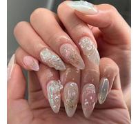 Press On False Nails, Medium Almond, Nude Pink, 10-Piece 3D Nail Set | Glossy Full-Cover Tips, Raised Butterfly And Floral Motifs, Gold-Toned Outlines, Iridescent Details, Home And Event Use
