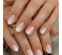 Press-On False Nails Set, Glossy Nude Pink To White Ombré, Oval, 24-Piece | Pre-Shaped Tips, Multiple Pieces For Choosing Appropriate Widths, Everyday Office Manicures And Neutral Social Looks
