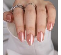 Press On False Nails Short Almond - Findigit Full Cover Glossy Press On Nail,Natural Chrome Nail Tips Glue On Nails, Reusable Stick On Nails in 16 Sizes - 32 Soft Gel Fake Nails Kit, Jelly Glaze