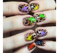 Press-on False Tips Short Square Leopard Print with Colorful Stars, 24 Piece Nude Manicure Tips for Daily Wear and Hand Looks Fake Stick on Nude Animal Print Multicolor Stars Photo Look Date Set