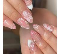 Press-on Manicure in Almond Shape, Glossy White Tip Set with 3D Flower Accents for Daily Outfit and Travel Photo Moments Floral Manicure Almond Tips Glossy White Pearl Accent Finish