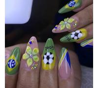 Press on Manicure Nails Soccer Inspired 3D Flower Almond Shape Set, Green Yellow Gradient ABS Art Tips, 24 Pieces with 12 Size Options