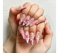 Press-on Manicure Set with 3D Flower Detail, Nude Gradient False Tips, Pearl Accent Artificial Nails Multi Size for Wedding Parties Nude Gradient Press-on Manicure Set